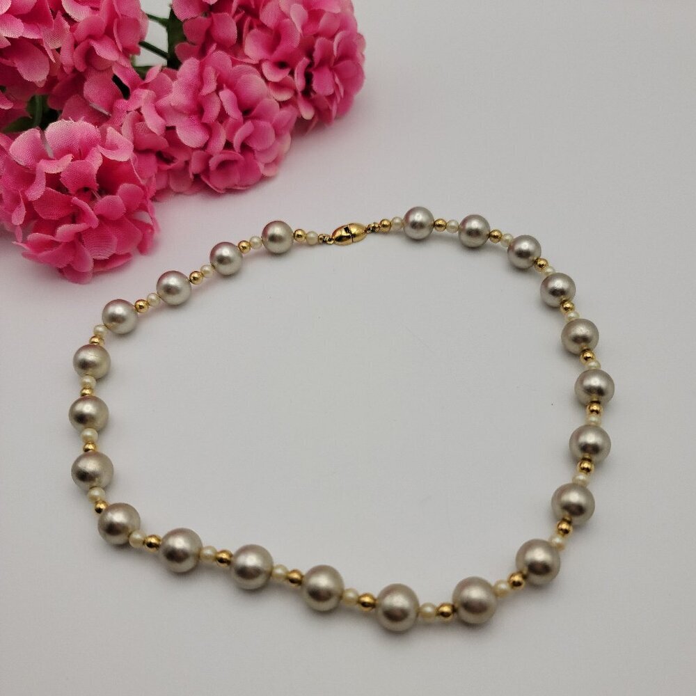 Vintage Monet Gold Tone Champagne Gray Faux Pearl Beaded Necklace 16" Box Clasp